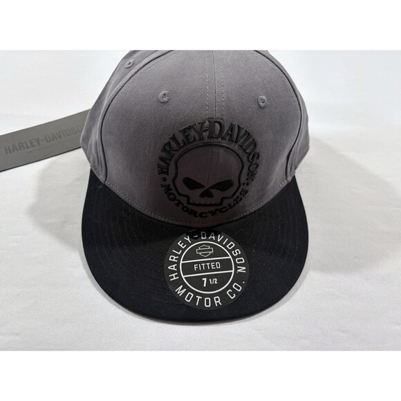 HARLEY DAVIDSON Motorcycle Skull Mens Fitted Hat Cap Black Gray Sz 7 1/2 NWT - Picture 2 of 11